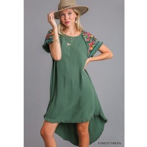 Umgee Forest Green High Low Dress with Embroidered Sleeves